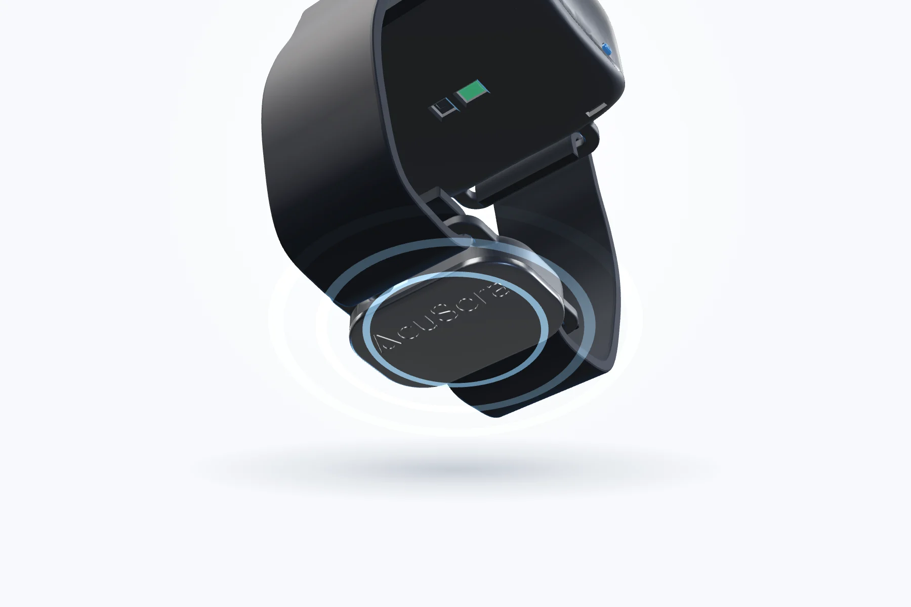 The AcuSera P6 module on the inner wrist side of the strap, with rings showing where the vibration lands.